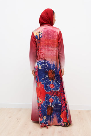 Ruh Ishq | Red Ombré Abaya with Silk Floral Back abaya
