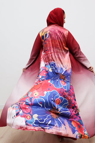 Ruh Ishq | Red Ombré Abaya with Silk Floral Back abaya