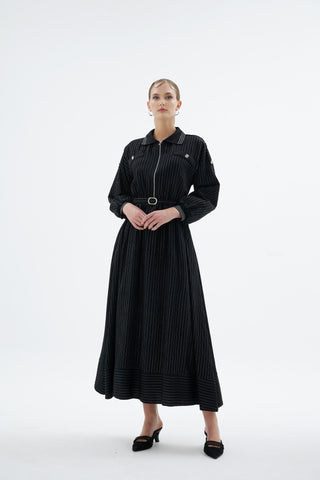 Ivory Striped Shirt Dress – Black