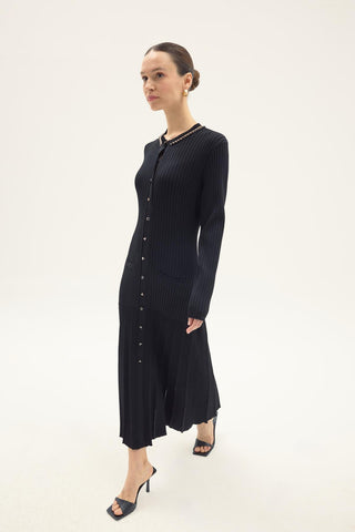 Julia Ribbed Knit Button-Front Dress – Black