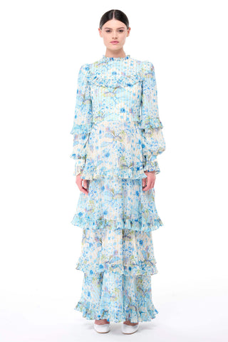 Floral Tiered Ruffle Dress – Blue