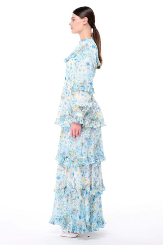 Floral Tiered Ruffle Dress – Blue