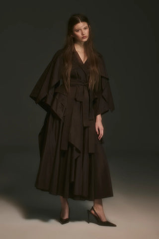 Layered Sleeve Tie-Waist Jacket - Brown