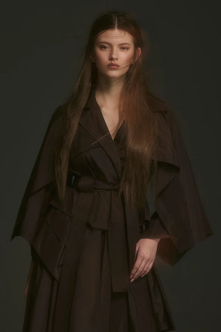 Layered Sleeve Tie-Waist Jacket - Brown