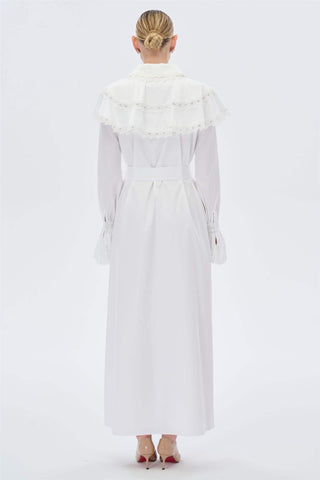 Butterfly Lace Cape Cotton Dress – White