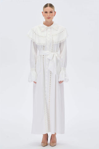 Butterfly Lace Cape Cotton Dress – White