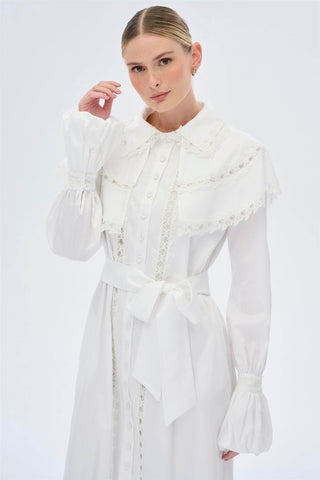 Butterfly Lace Cape Cotton Dress – White