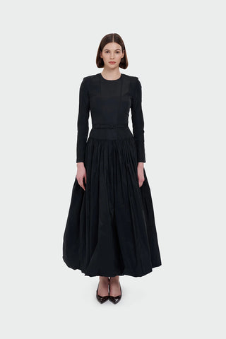 Long-Sleeved Evening Dress with Belt Detail - Black