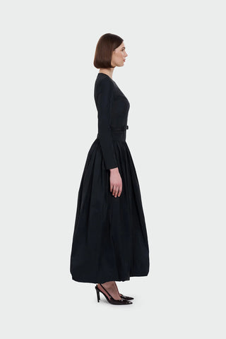 Long-Sleeved Evening Dress with Belt Detail - Black