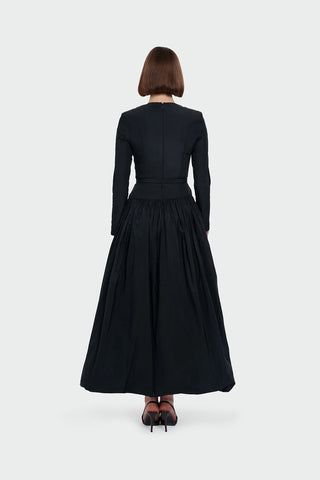 Long-Sleeved Evening Dress with Belt Detail - Black
