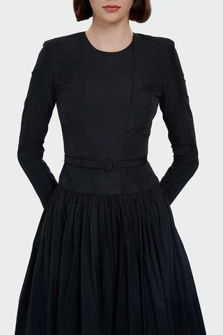Long-Sleeved Evening Dress with Belt Detail - Black