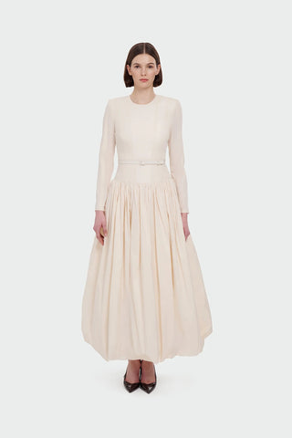 Belted Long Sleeve Evening Gown - Cream