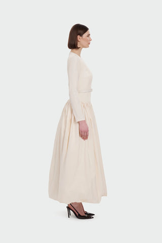 Belted Long Sleeve Evening Gown - Cream