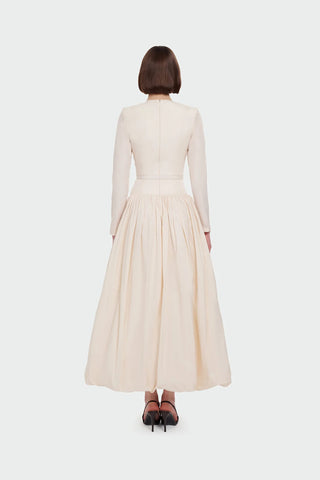 Belted Long Sleeve Evening Gown - Cream