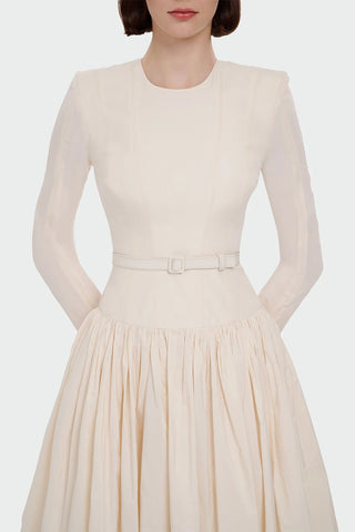 Long-Sleeved Evening Dress with Belt Detail - Cream