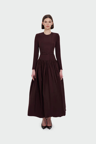 Belted Long Sleeve Evening Gown - Burgundy