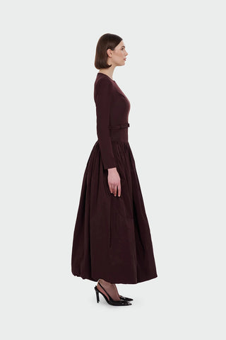 Belted Long Sleeve Evening Gown - Burgundy