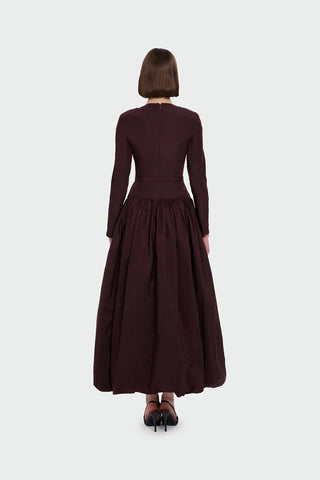 Belted Long Sleeve Evening Gown - Burgundy