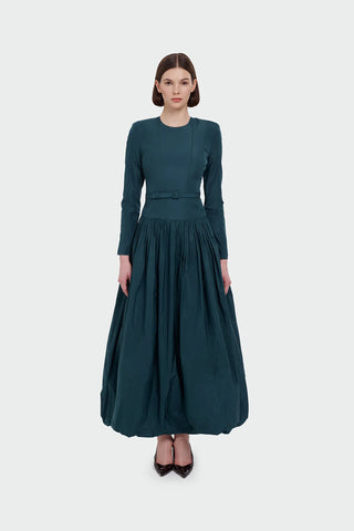 Belted Long Sleeve Evening Gown - Emerald