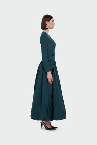 Belted Long Sleeve Evening Gown - Emerald