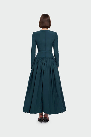 Belted Long Sleeve Evening Gown - Emerald