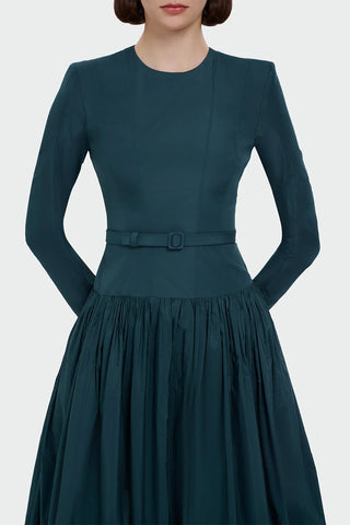 Long-Sleeved Evening Dress with Belt Detail - Emerald Green