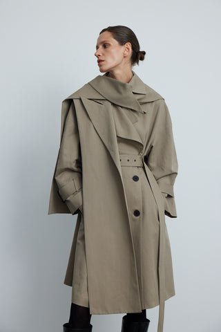 Short Belted Cotton Trench Coat in Taupe