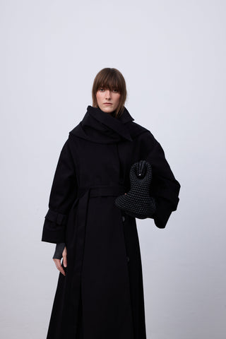 Double-Breasted Belted Cotton Trench Coat in Black