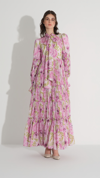 Tiered Gathered Floral Dress – Pink