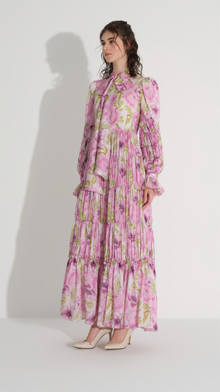 Tiered Gathered Floral Dress – Pink