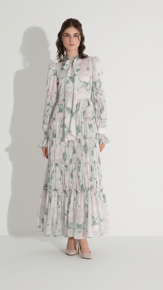 Tiered Gathered Floral Dress – Green
