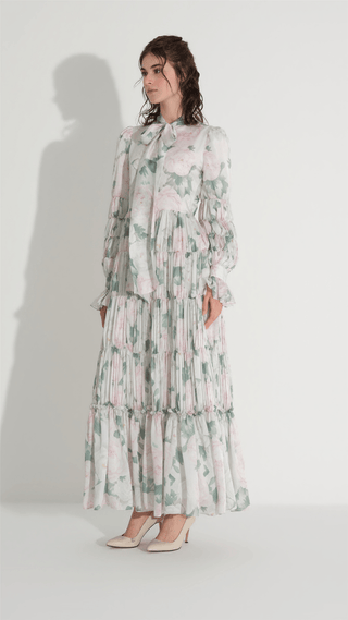 Tiered Gathered Floral Dress – Green