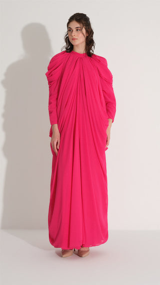 Ruched Sleeve & Hem Chiffon Dress – Fuchsia