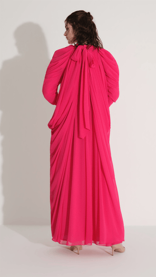Ruched Sleeve & Hem Chiffon Dress – Fuchsia