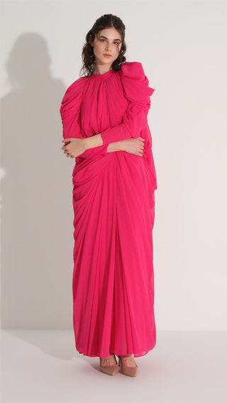 Ruched Sleeve & Hem Chiffon Dress – Fuchsia