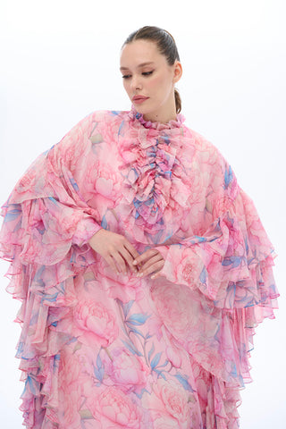 Ruffle-Sleeve Kaftan Dress – Pink