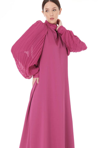 Pleated Sleeve High-Neck Dress – Lilac