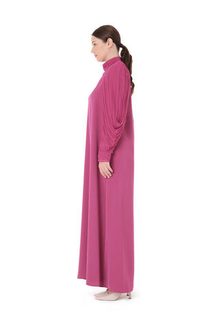 Pleated Sleeve High-Neck Dress – Lilac