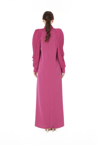 Pleated Sleeve High-Neck Dress – Lilac