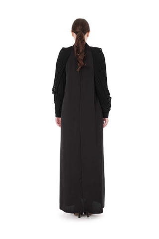 Pleated Sleeve High-Neck Dress – Black