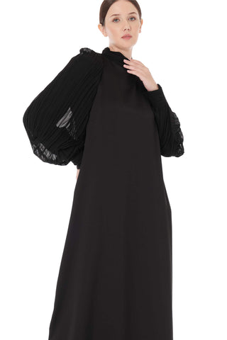 Pleated Sleeve High-Neck Dress – Black