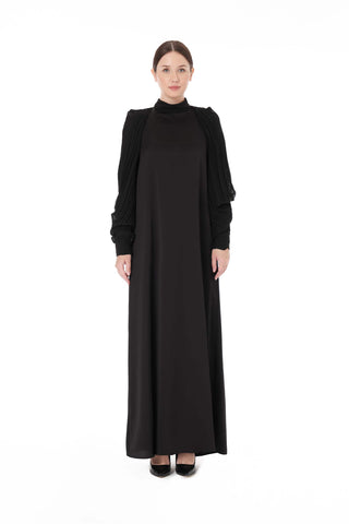 Pleated Sleeve High-Neck Dress – Black