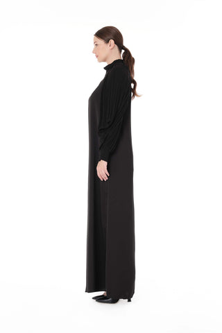 Pleated Sleeve High-Neck Dress – Black