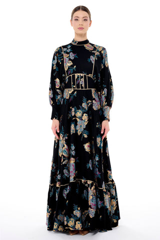 Corset-Detail Jacquard Maxi Dress – Black
