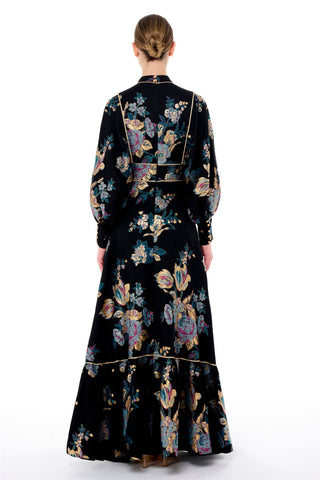 Corset-Detail Jacquard Maxi Dress – Black