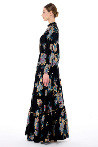 Corset-Detail Jacquard Maxi Dress – Black