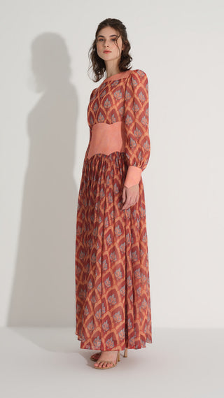 Corset-Effect Printed Chiffon Dress – Orange