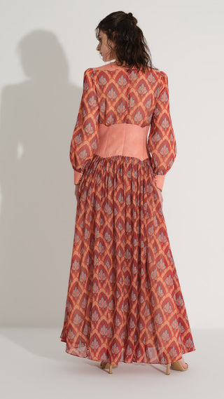 Corset-Effect Printed Chiffon Dress – Orange