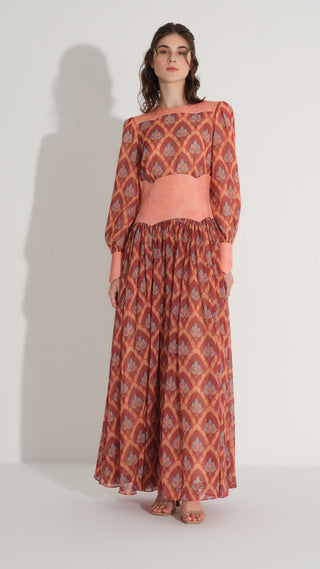 Corset-Effect Printed Chiffon Dress – Orange