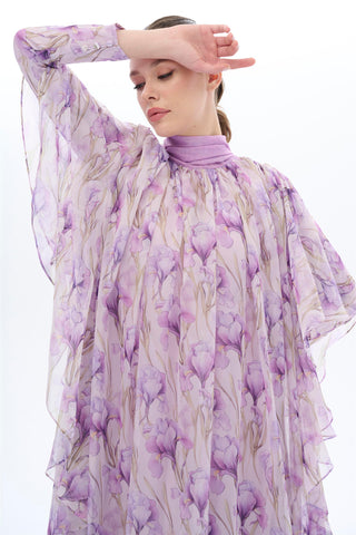 LALE DESENLİ KAFTAN ELBİSE Lila